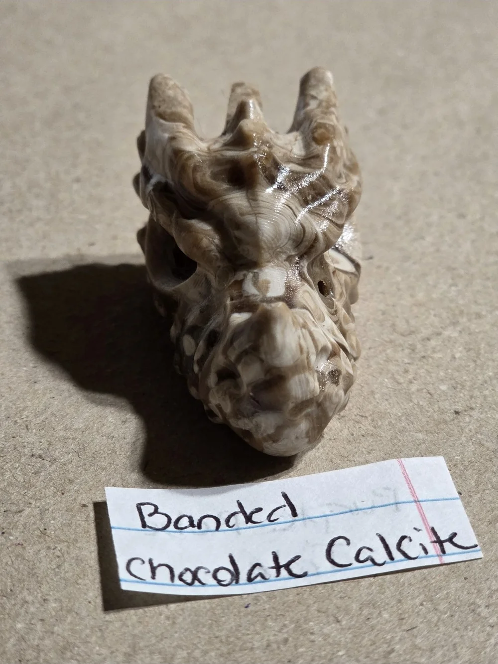 Detailed Banded Chocolate Calcite Crystal Carved Dragon Head Stone Sculpture